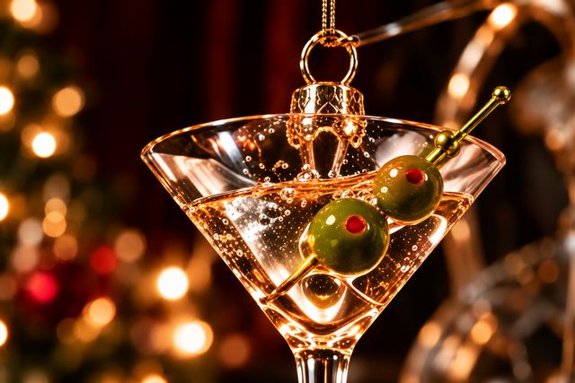 Martini-Weihnachtskugel mit Oliven in der Nahaufnahme