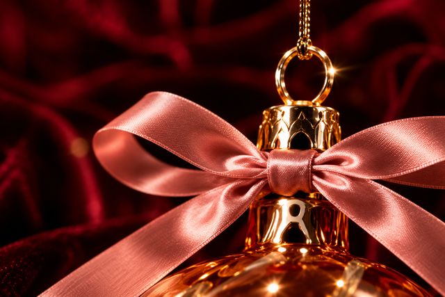 Weihnachtskugel mit rosa Satinschleife und goldener Kappe