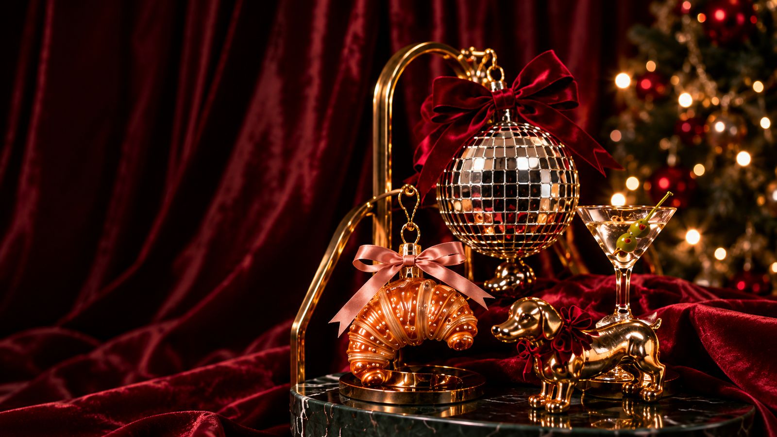Besondere Weihnachtskugeln von Merry Objects: Discokugel, Croissant und goldener Dackel auf rotem Samt