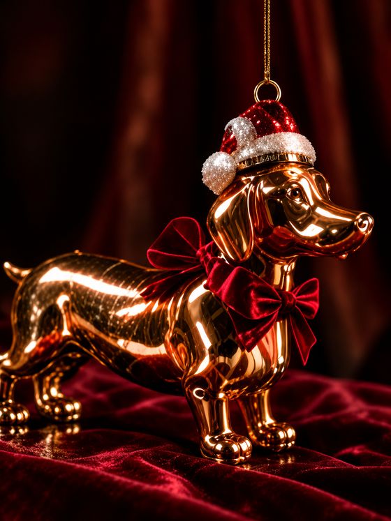 Goldener Dackel mit Weihnachtsmütze als Christbaumschmuck