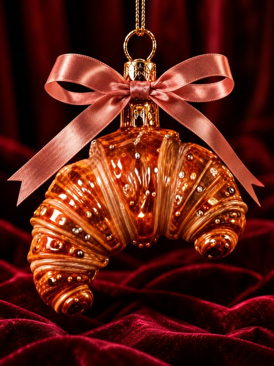 Croissant-Weihnachtskugel mit rosa Satinschleife