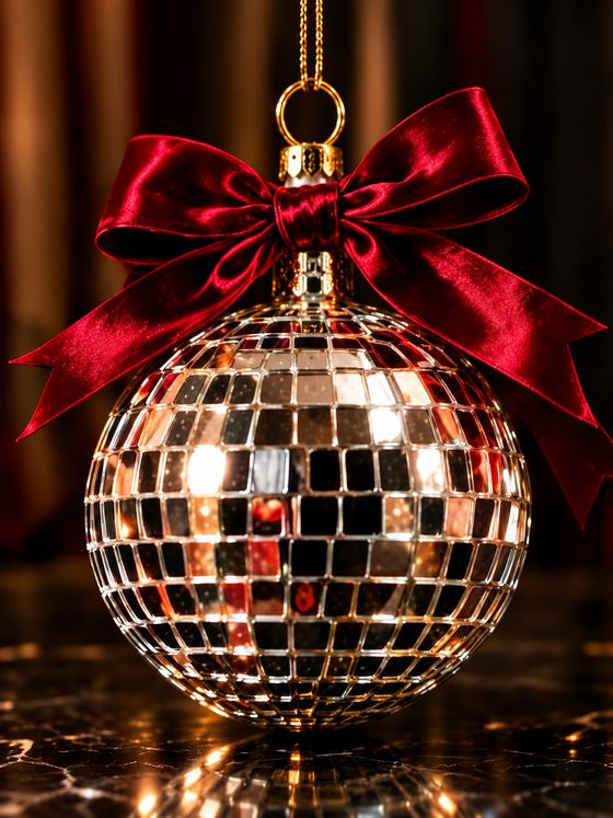 Verspiegelte Discokugel als Weihnachtskugel mit roter Samtschleife