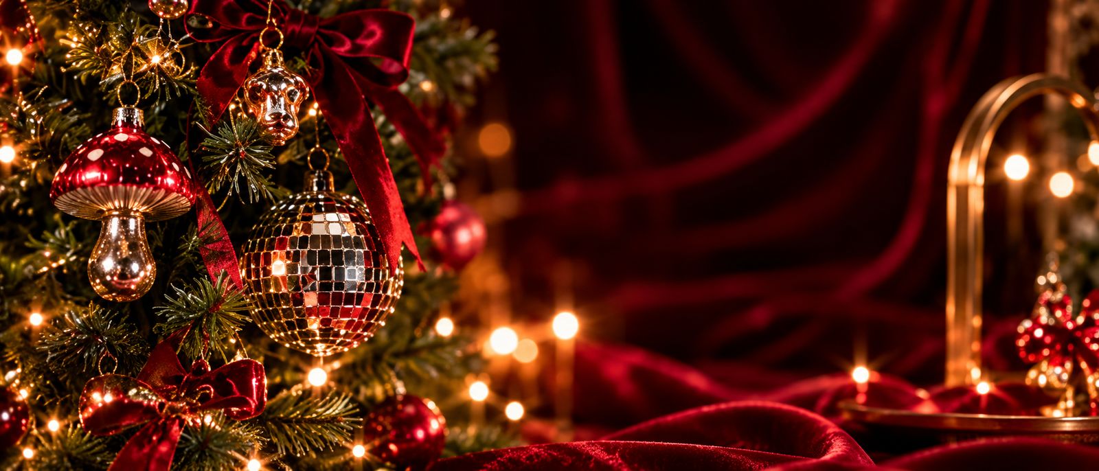 Weihnachtsbaum mit Discokugel, Fliegenpilz und Samtschleifen